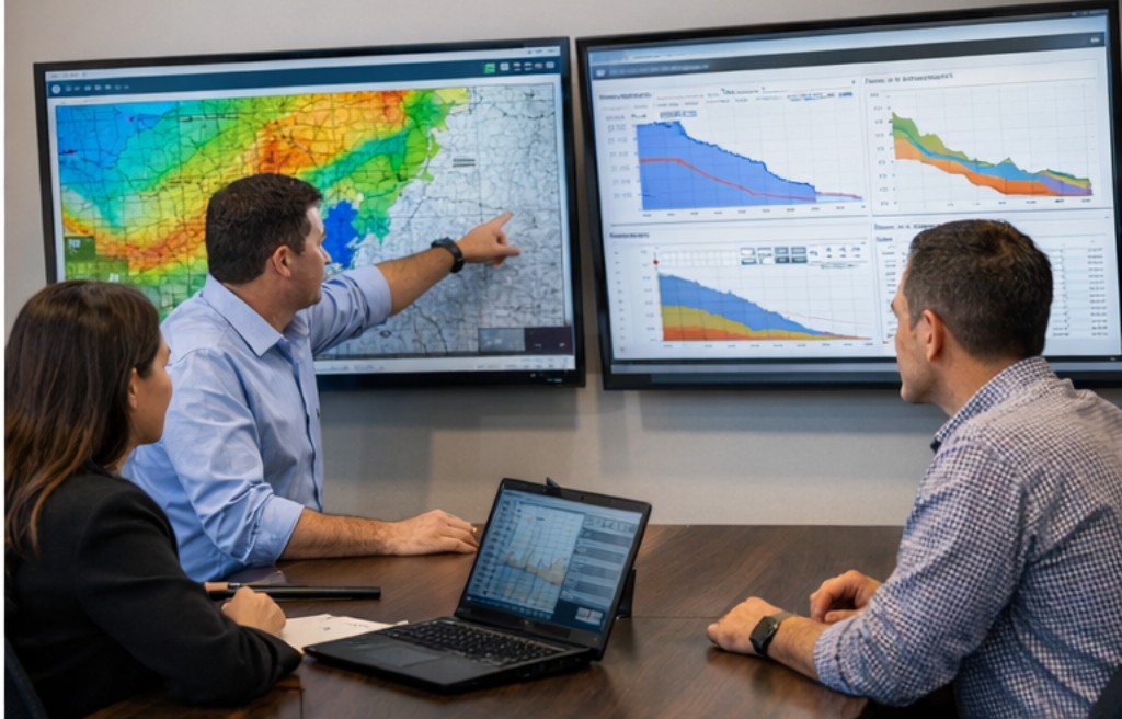 Petralis-style technical review session with engineers discussing regional mapping and production-decline charts on large screens.