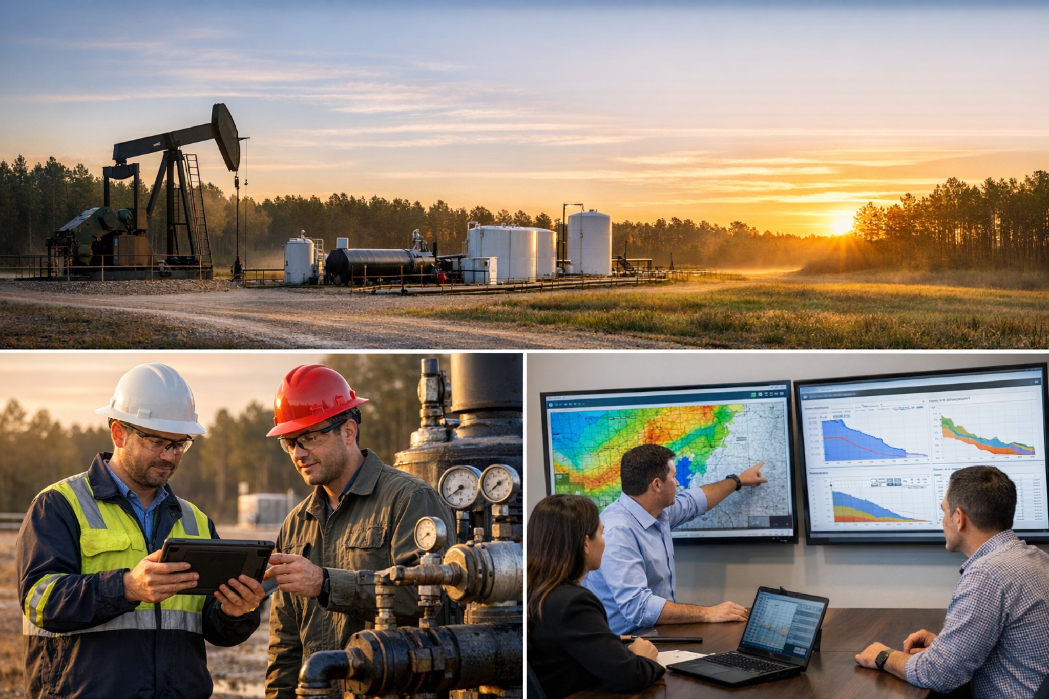 Composite Petralis image showing an East Texas producing site at sunrise, field personnel reviewing tablet data beside wellhead equipment, and engineers discussing reservoir maps and production charts.